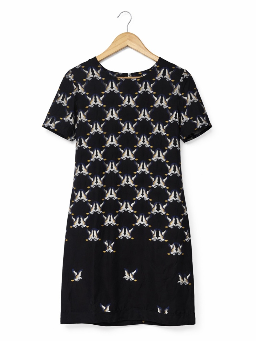 Eleven Paris Black Short-Sleeve Bird Printed Shift Dress